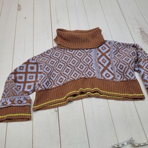 Geometric Patterned Brown and Blue Turtleneck Sweater